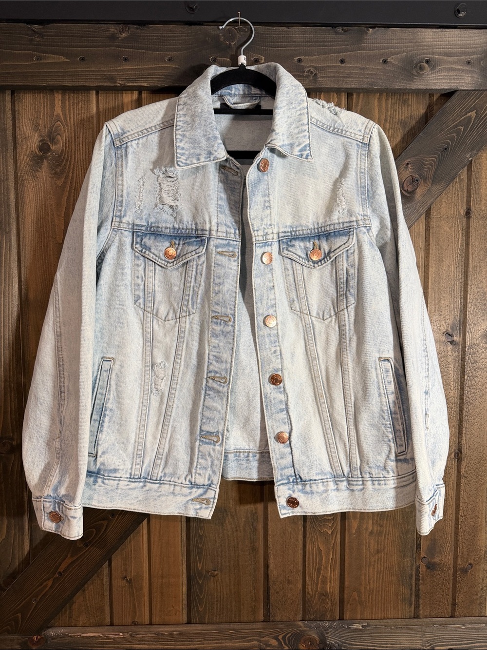 Dex Light Blue Distressed Denim Trucker Jacket (oversized fit)
